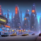 Futuristic twilight cityscape with glowing skyscrapers & flying vehicles