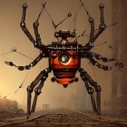 Futuristic robotic ant with complex design in desert landscape at sunset