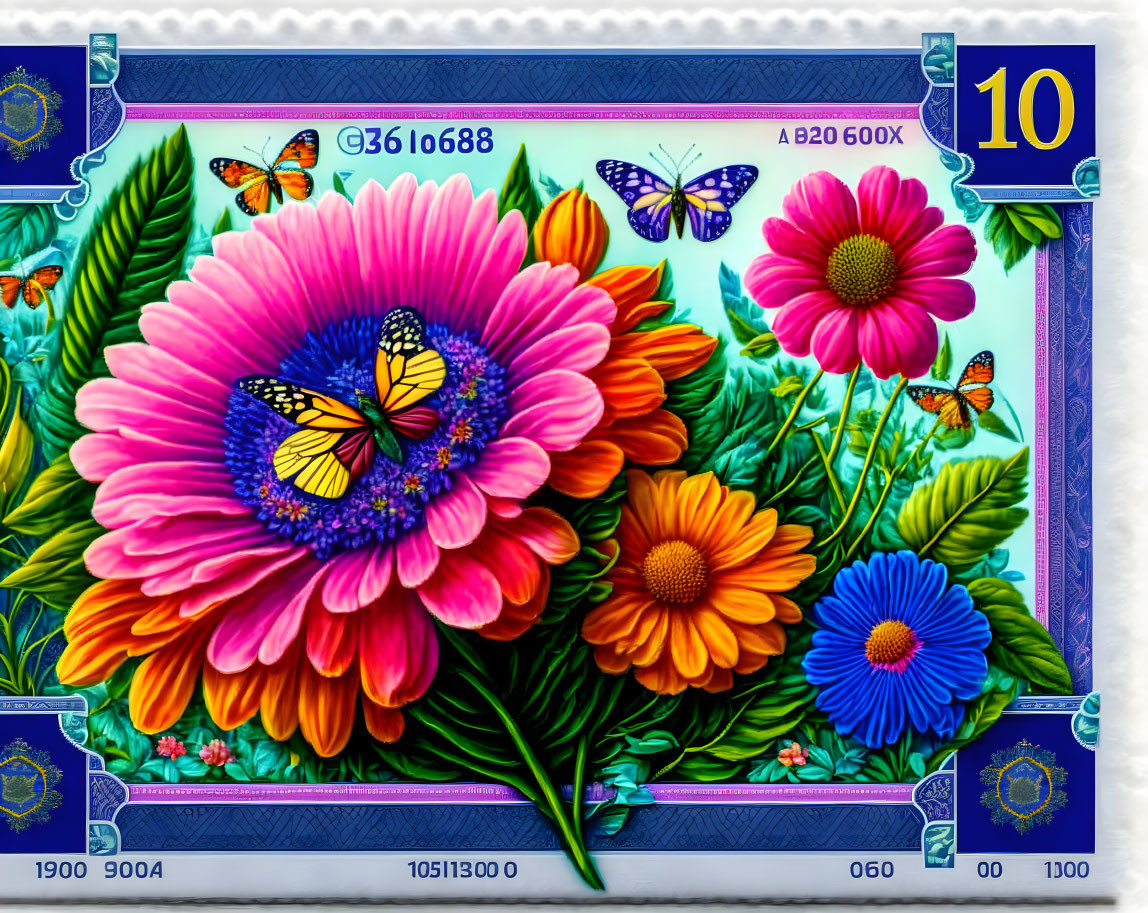 Colorful Flower and Butterfly Postage Stamp Design with Numerical Value 10