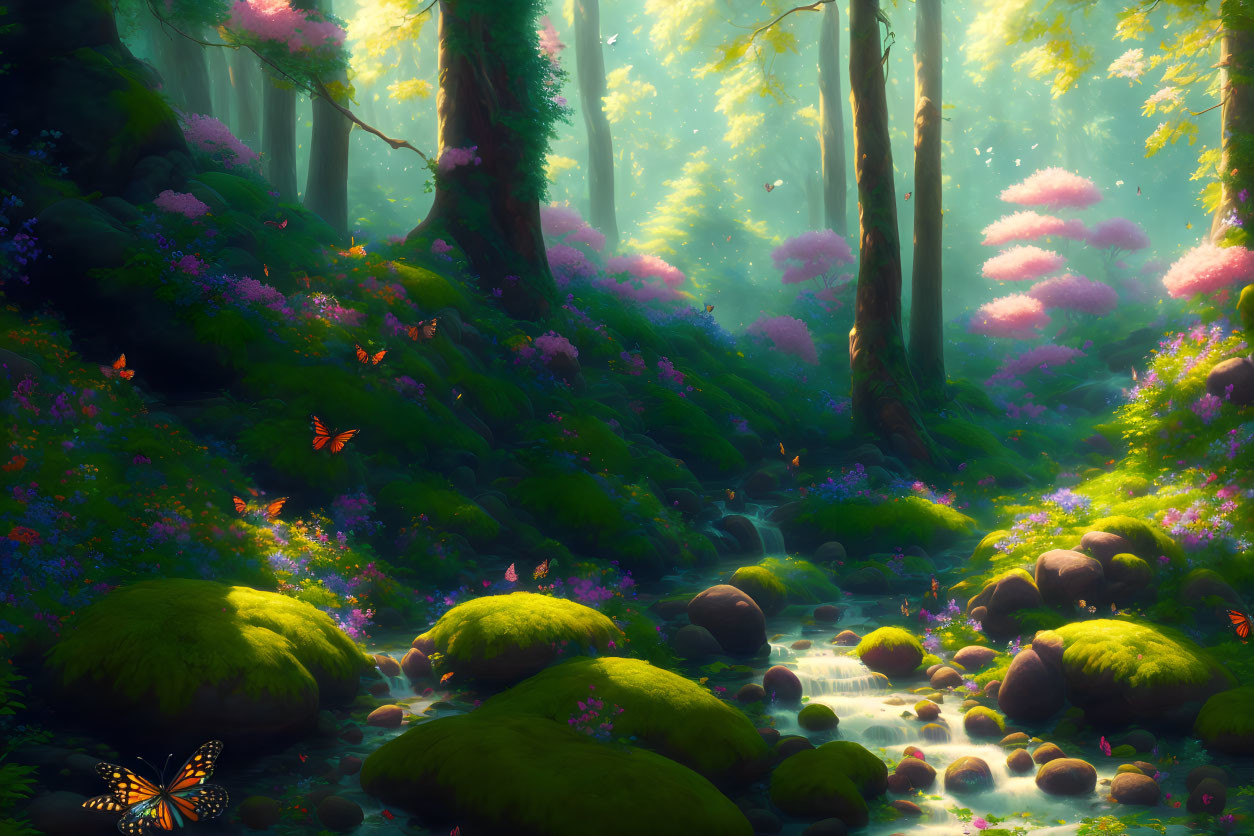 Enchanting forest scene with sunbeams, pink flowers, mossy stones, stream, and