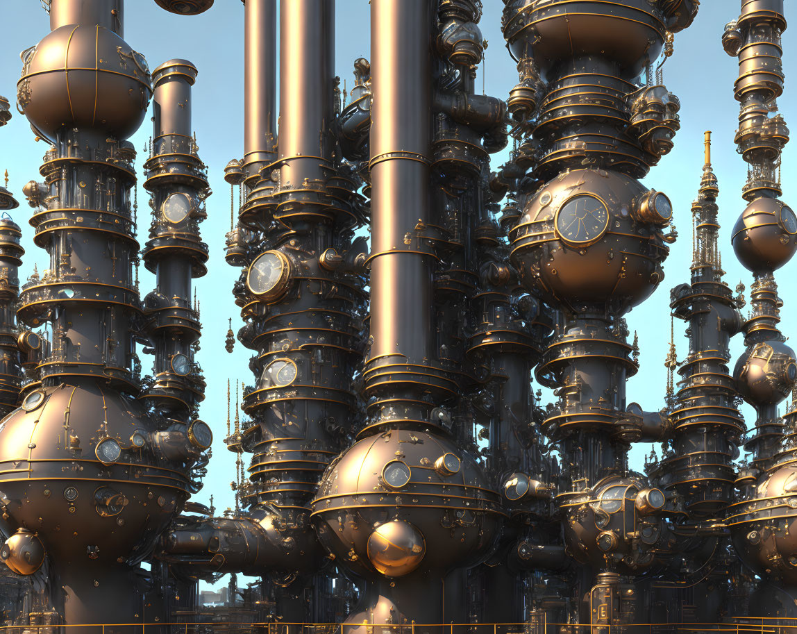 Detailed Steampunk-Style Machinery Render in Metallic Tones