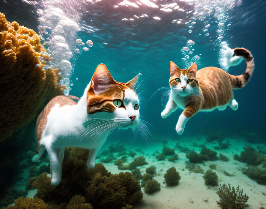 Oversized head cats in underwater coral scene