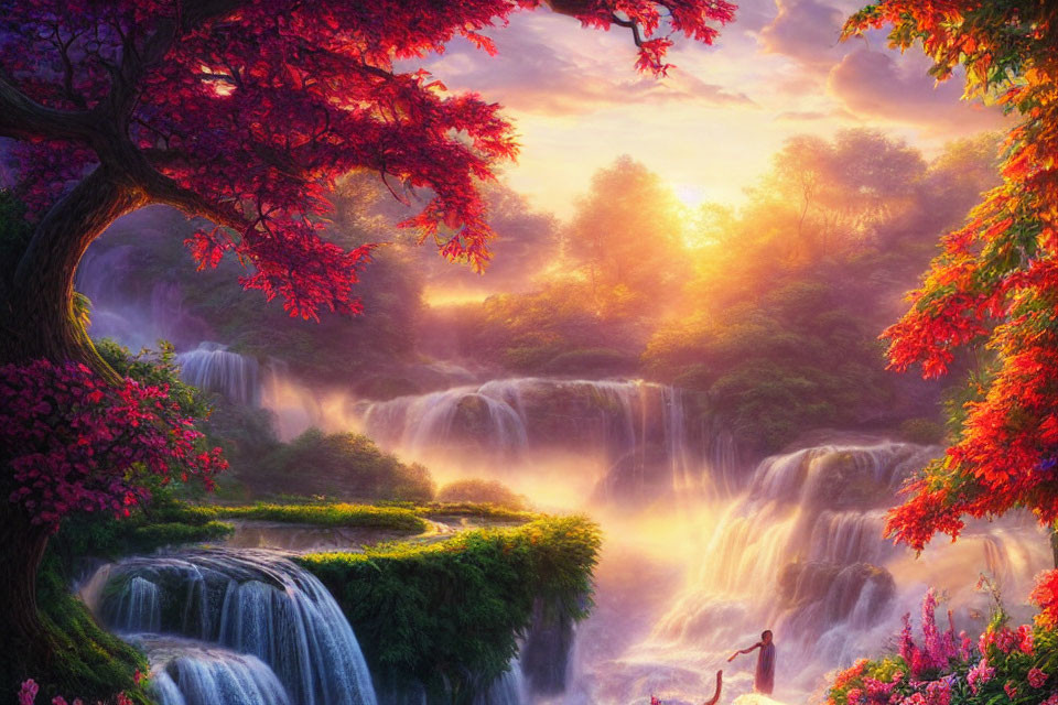 Ethereal landscape with waterfalls, lush greenery, radiant sunrise, lone figure under tree