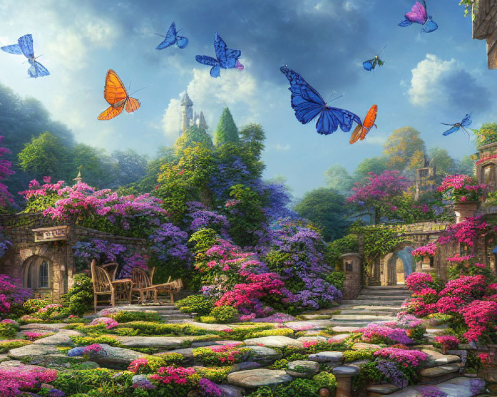 Lush Garden with Flowers, Butterflies, Stone Pathway, Cottage, and Castle