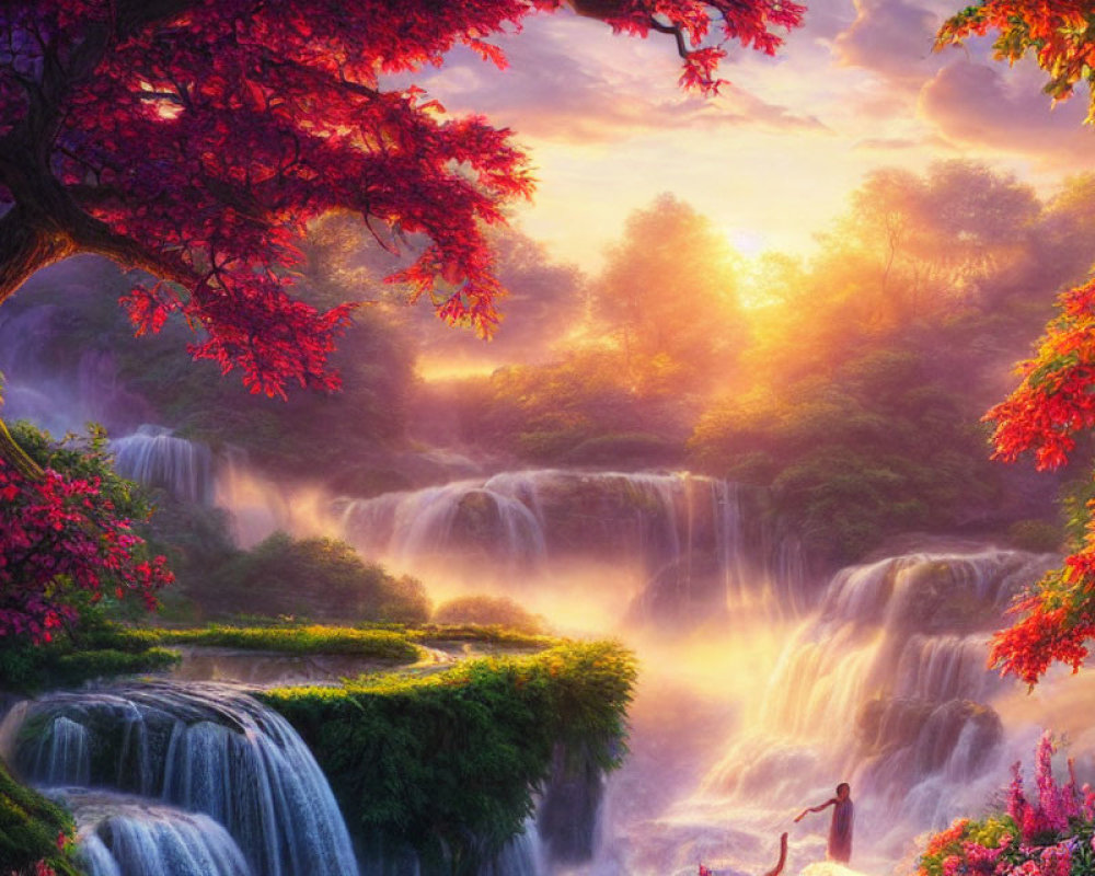 Ethereal landscape with waterfalls, lush greenery, radiant sunrise, lone figure under tree