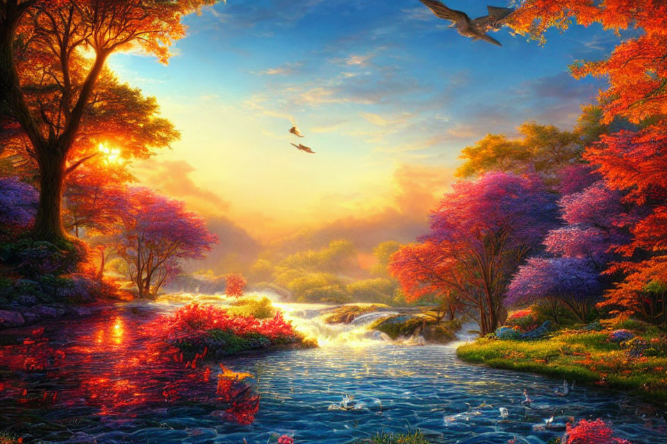 Colorful Autumn Landscape with River, Birds, and Sunset Glow