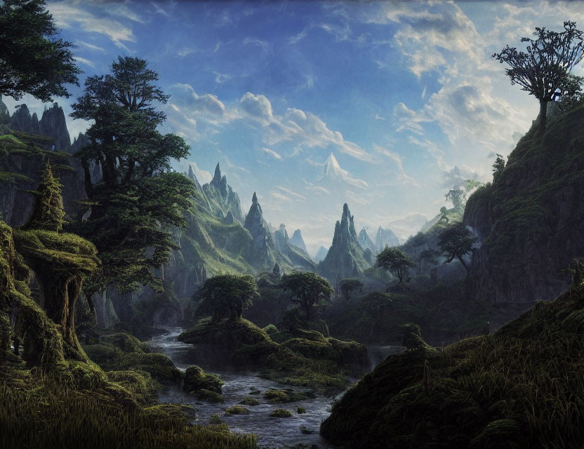 Tranquil fantasy landscape with rocky peaks, lush greenery, ancient trees, and meandering river