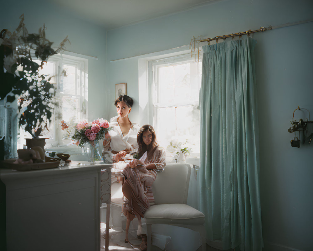 Two women in vintage blue room, one by flowers, other seated in sunlight