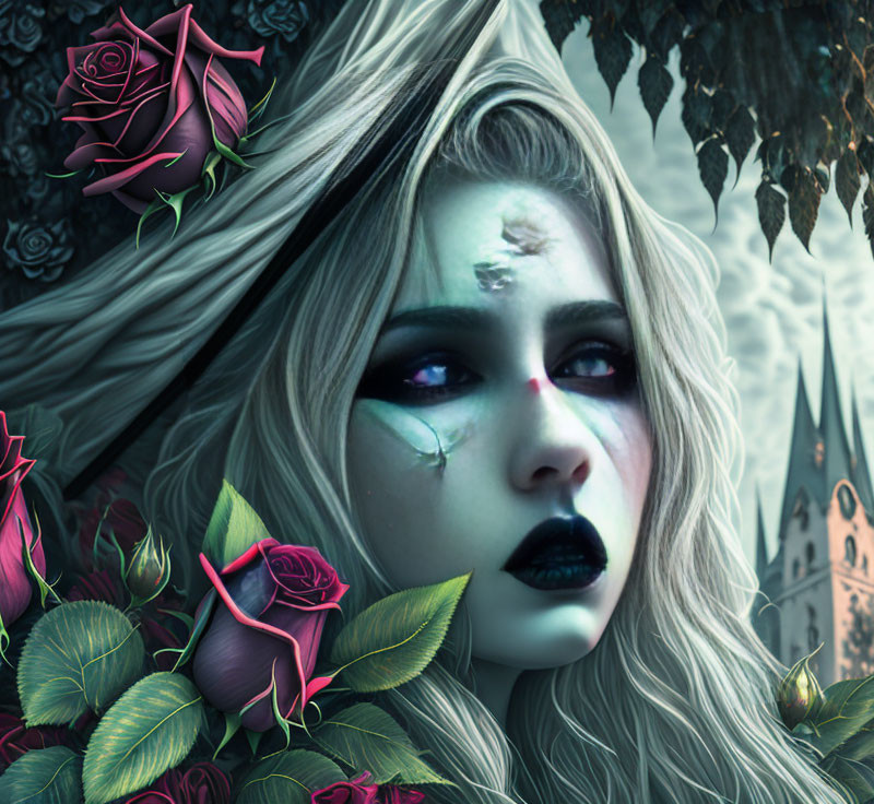 Pale woman with striking makeup in gothic fantasy digital art