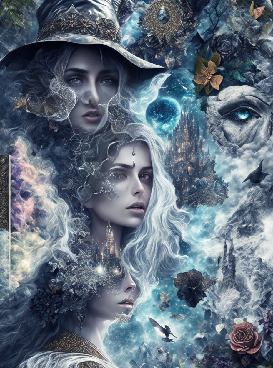 Three ethereal women in a fantasy-themed celestial dreamscape