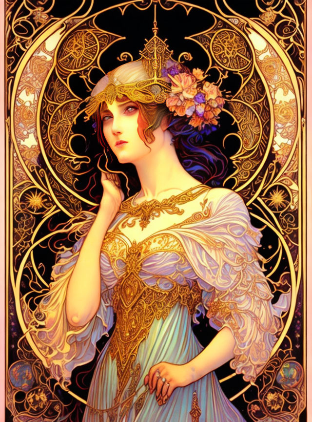 Art Nouveau Woman Portrait with Floral Headpiece and Gilded Adornments