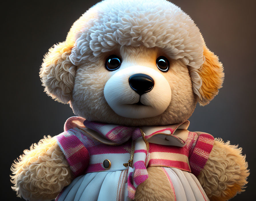 Blue-eyed Teddy Bear in Plaid Dress and Trench Coat on Dark Background