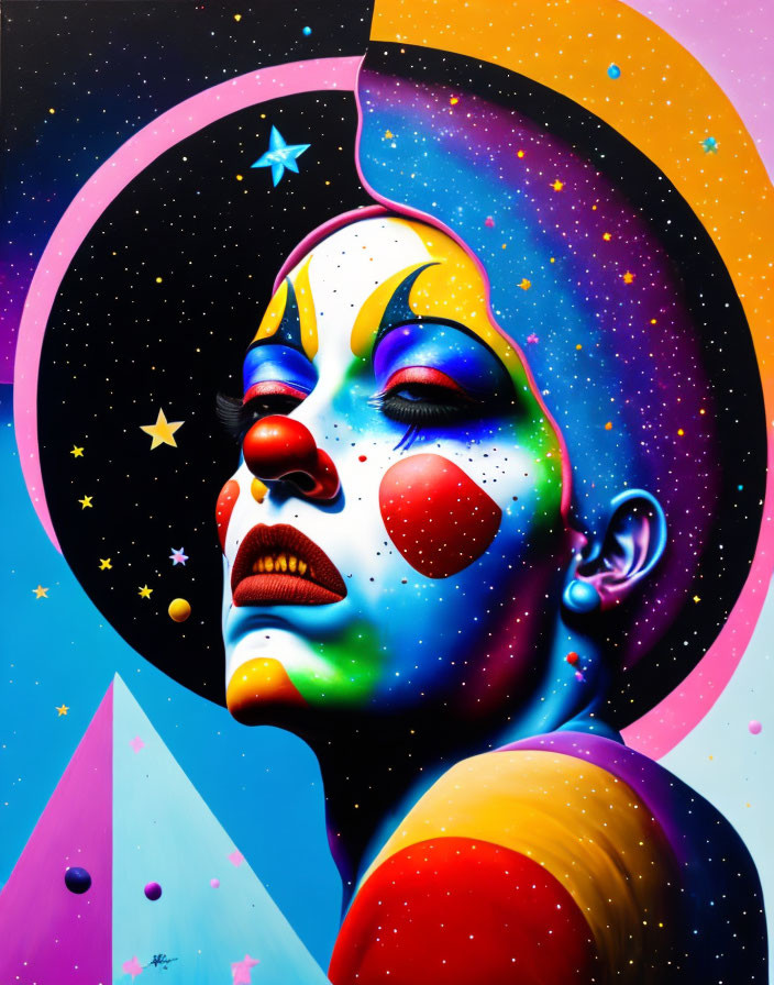 Colorful cosmic portrait with star-speckled face and celestial motifs.