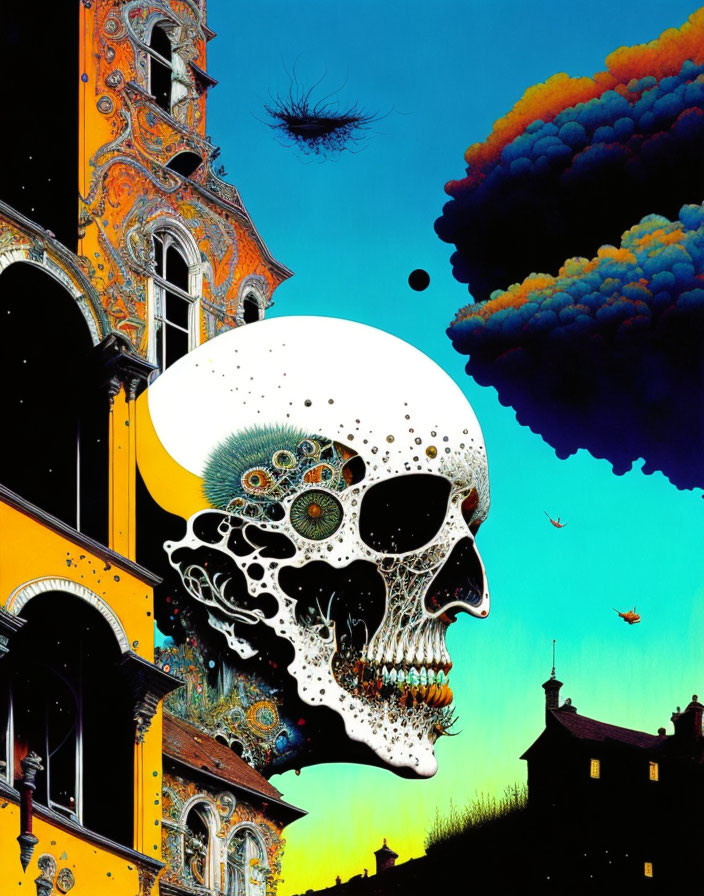 Ornate skull floating over European buildings at twilight