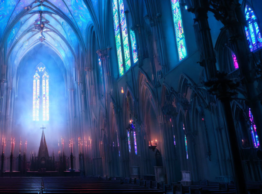 Misty Cathedral Interior with Blue Light and Gothic Architecture