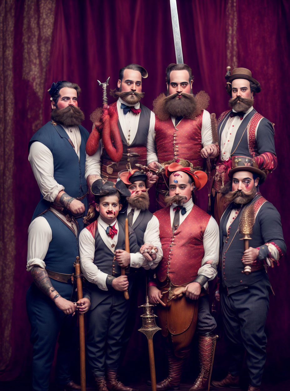 Vintage Attired Men with Styled Beards and Props on Maroon Backdrop