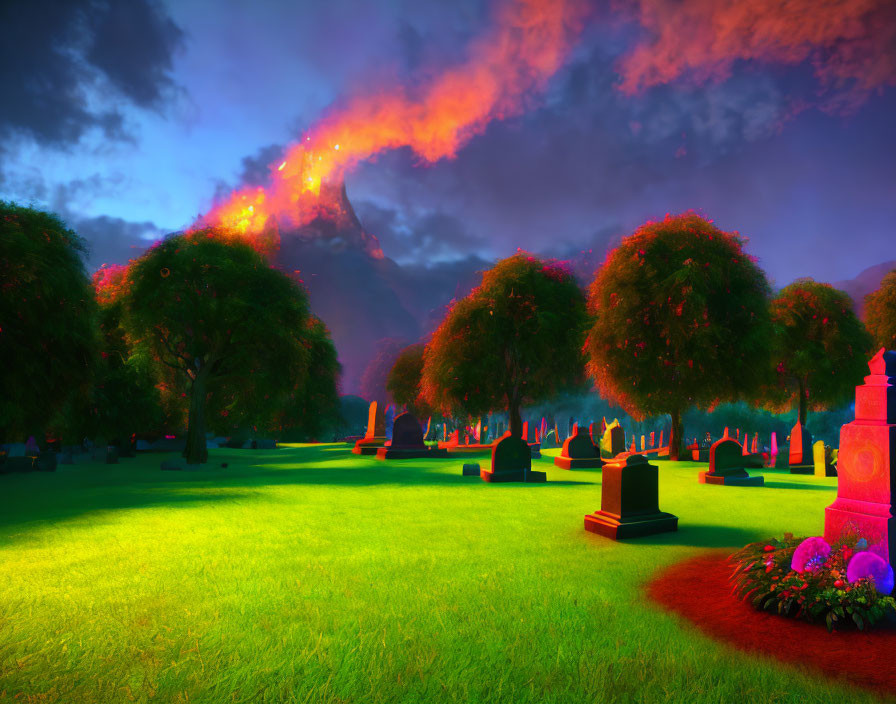 Vibrant sunset over peaceful cemetery with green grass, tombstones, and trees