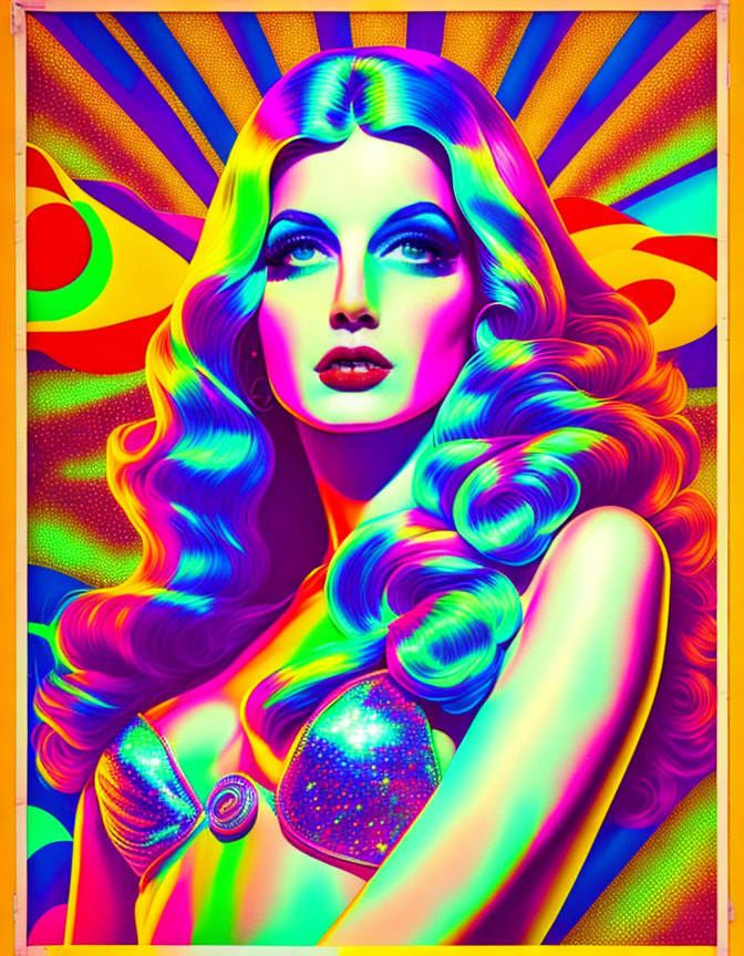 Colorful Psychedelic Art: Woman with Rainbow Hair & Abstract Background