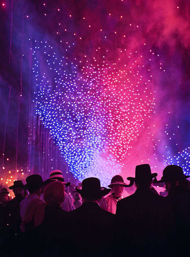 Silhouetted group in hats under red and blue lights with smoke