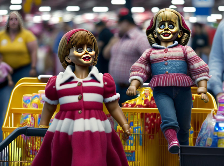 Doll-like figures shopping in a supermarket with yellow cart