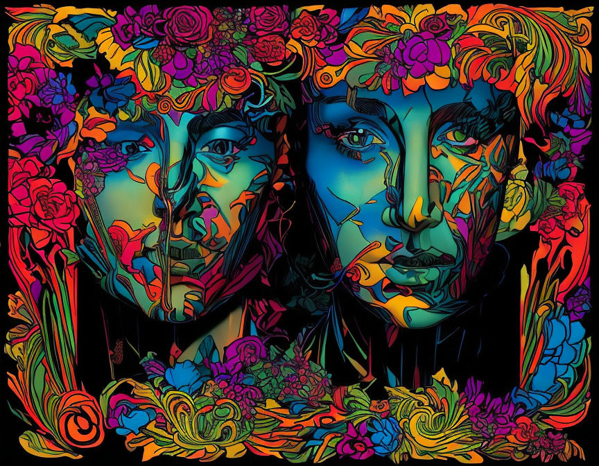 Colorful psychedelic art: Two faces with floral and geometric patterns