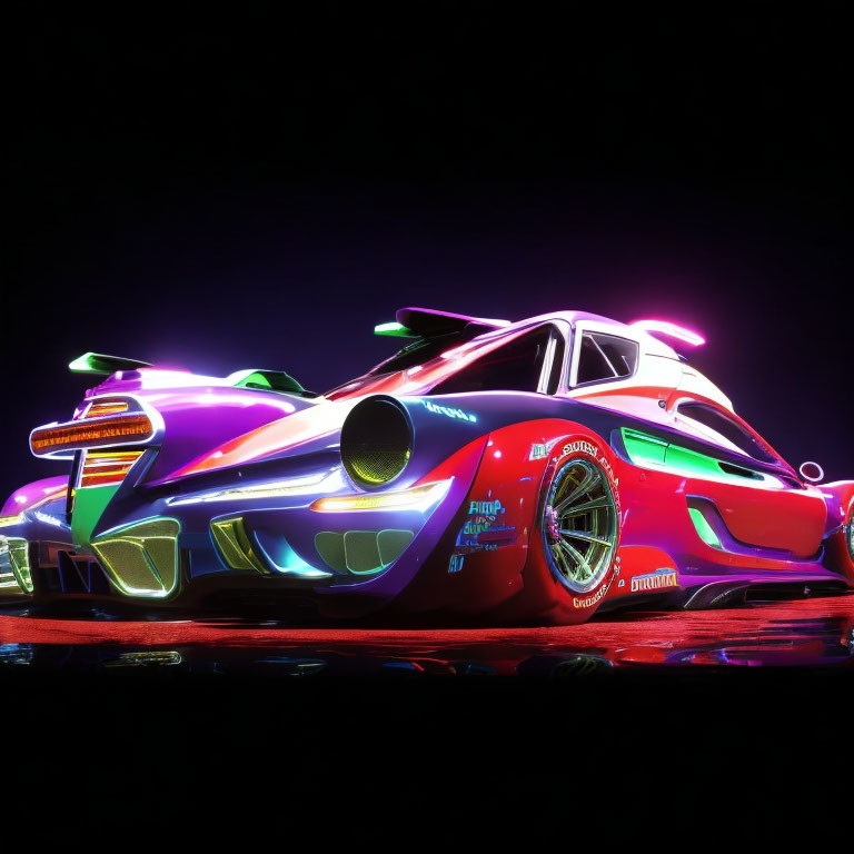 Vividly colored sports car with neon lights on reflective surfaces