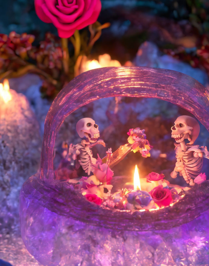 Miniature skeletons in pink heart surrounded by flowers and moody backdrop