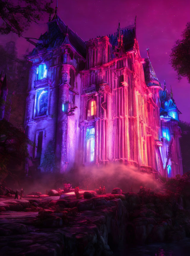 Mystical neon-lit castle in misty forest under starry purple sky