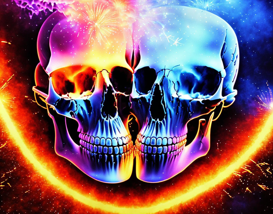 Colorful digital artwork: Mirrored skulls on cosmic background with nebulae, stars, and fireworks