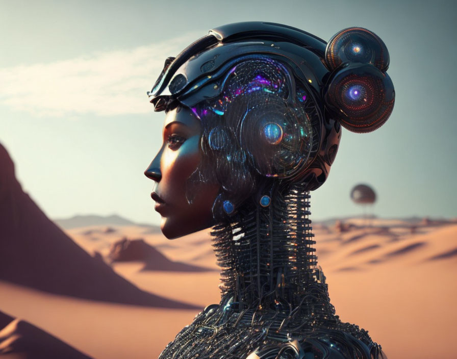 Futuristic robotic humanoid with intricate headgear in desert landscape