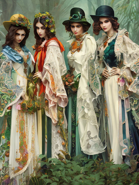 Four Women in Vintage Nature-Inspired Gowns and Elegant Hats in Woodland Setting