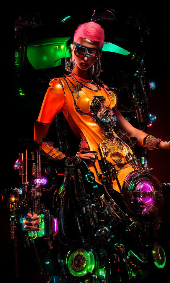 Futuristic image of a person with pink hair in orange attire and neon exoskeleton