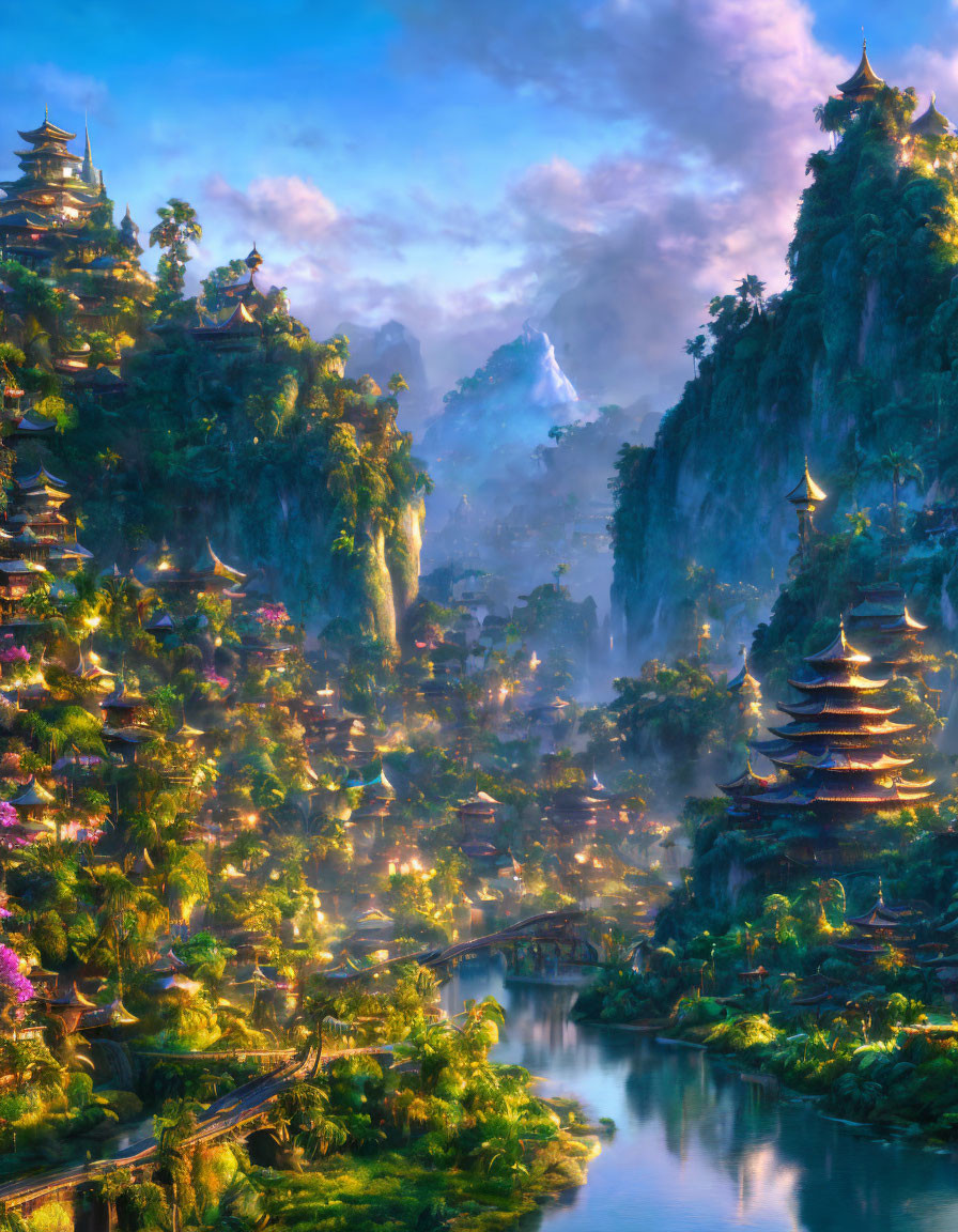 Traditional Asian pagodas in mystical landscape with lush cliffs and calm river at dawn