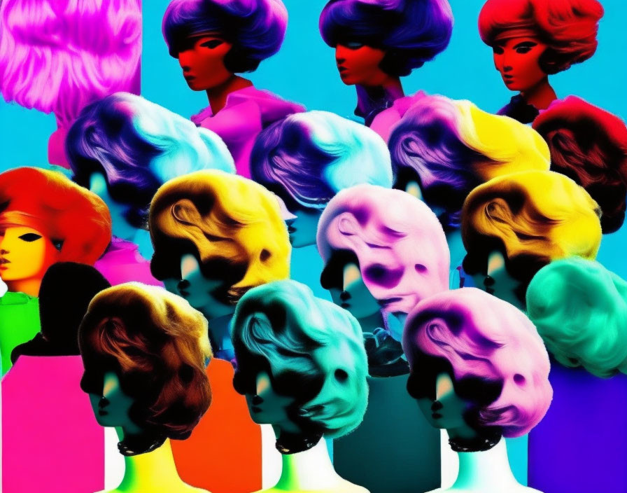 Vibrant Stylized Mannequin Heads with Colorful Hairstyles