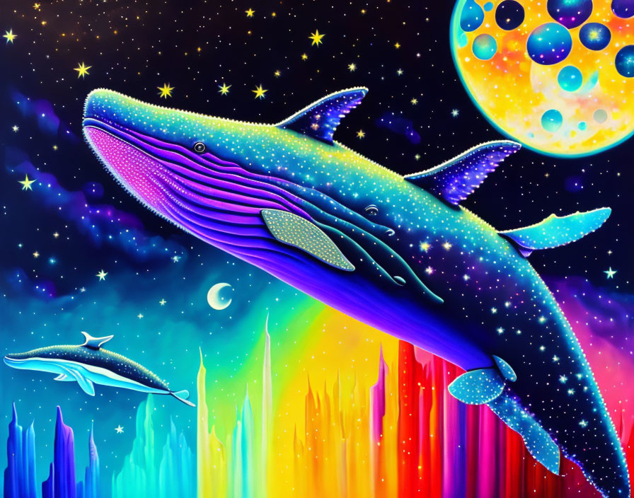 Colorful cosmic whale art in starry space scene