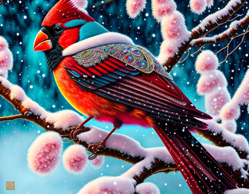 Colorful Stylized Cardinal on Snowy Branch with Pink Blossoms against Blue Sky