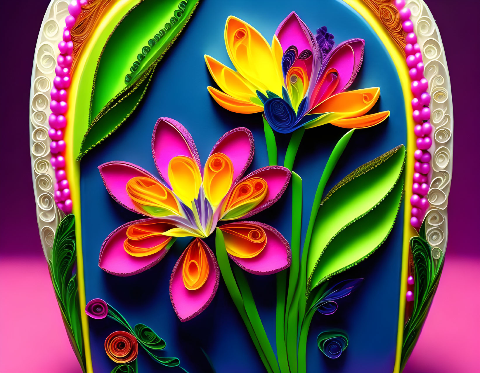 Colorful Digital Art: Stylized Flowers on Blue and Purple Background with Pearl Accents