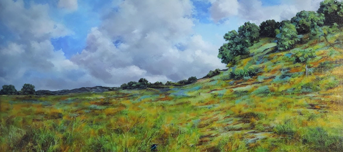 Tranquil landscape painting of grassy hill and trees under fluffy clouds