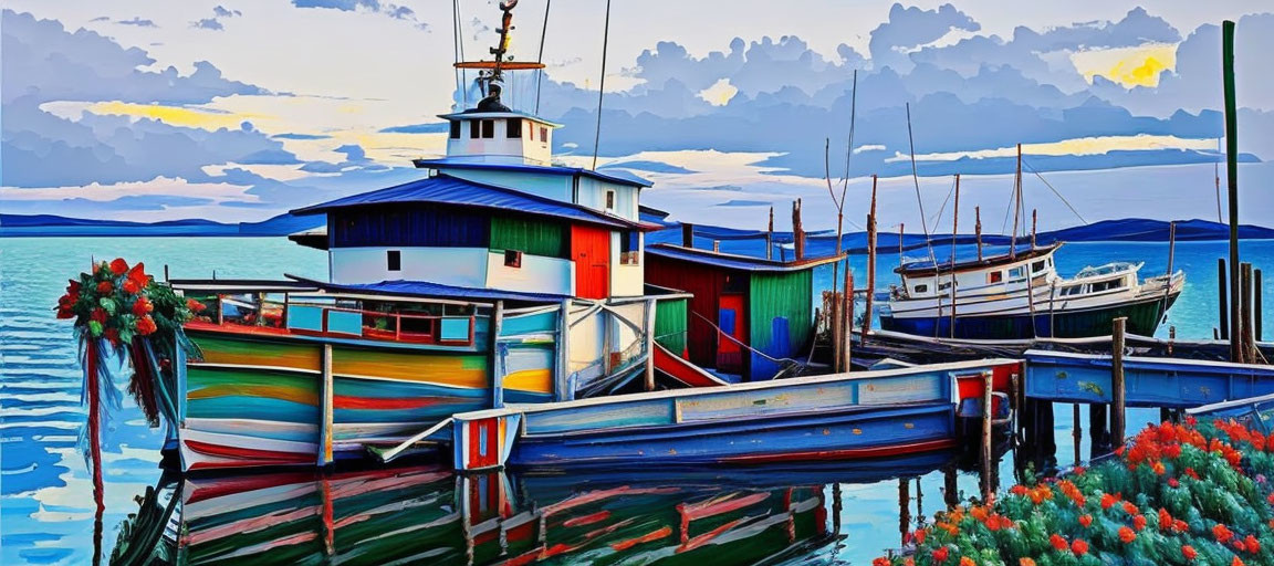 Colorful boats and buildings by a pier under a scenic sky reflected in calm water