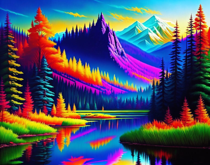 Colorful Landscape Painting: Mountain Reflection in Lake with Neon Trees