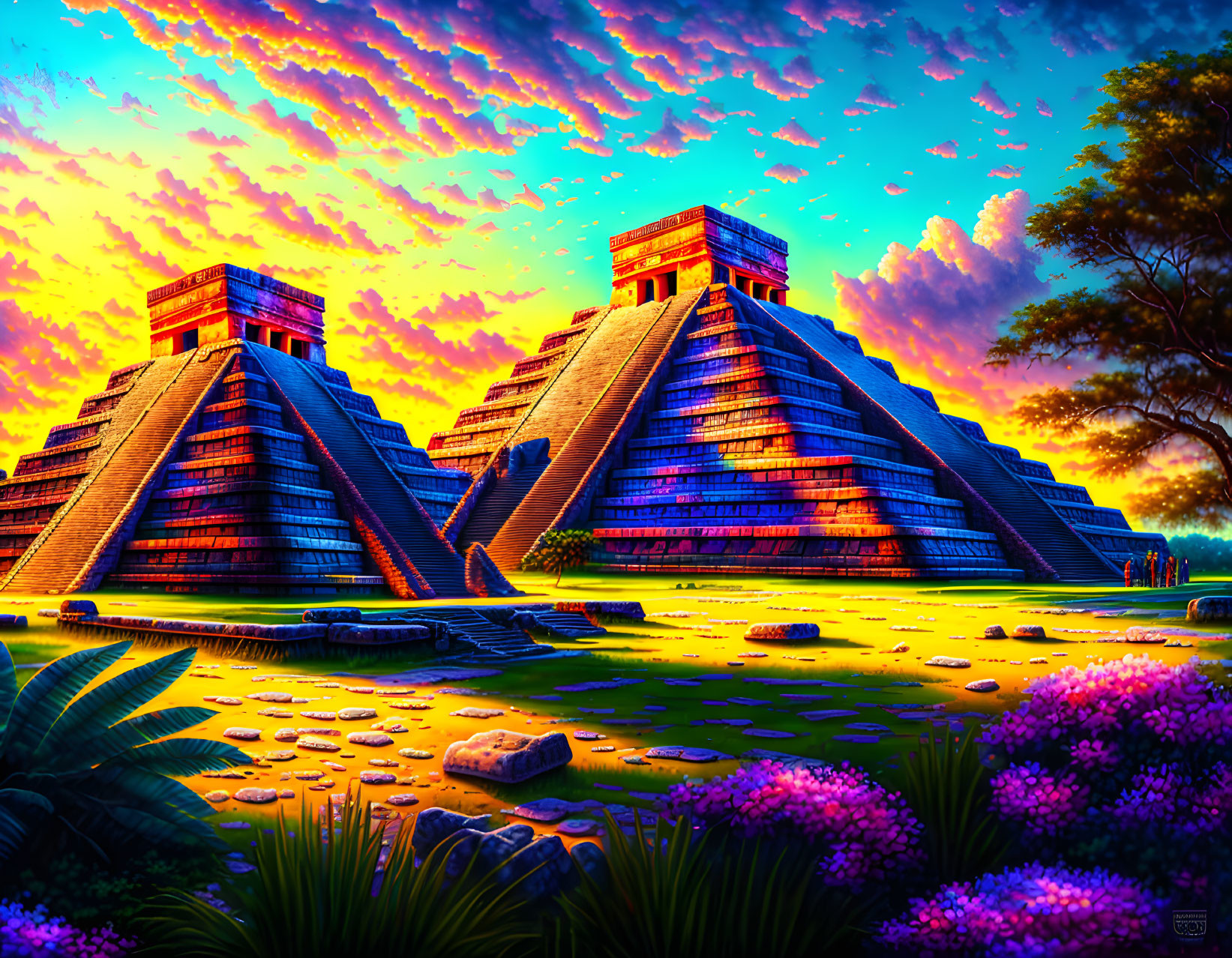 Ancient Mesoamerican Pyramids in Vibrant Digital Art