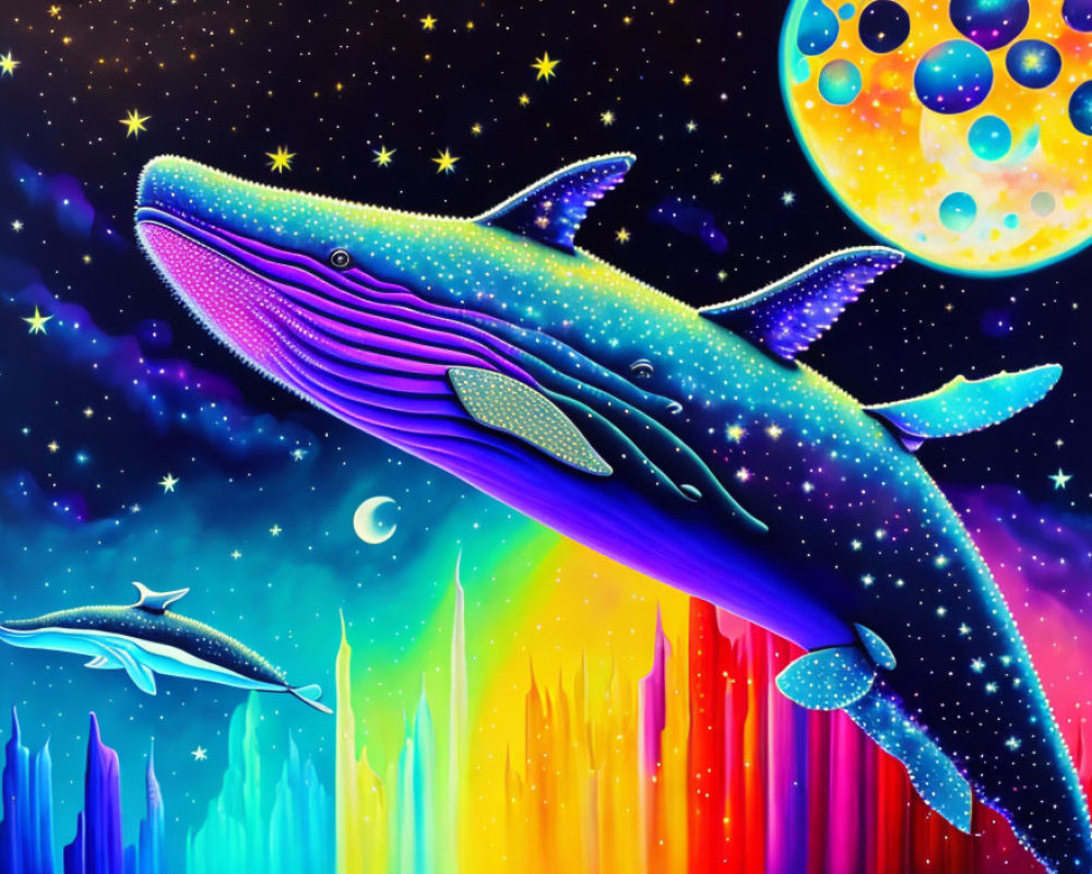 Colorful cosmic whale art in starry space scene