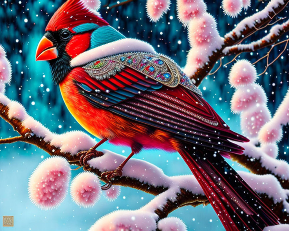 Colorful Stylized Cardinal on Snowy Branch with Pink Blossoms against Blue Sky