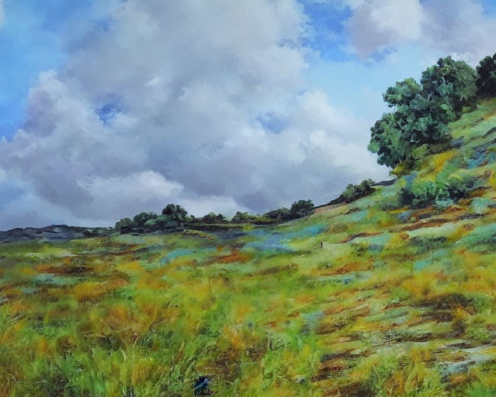 Tranquil landscape painting of grassy hill and trees under fluffy clouds