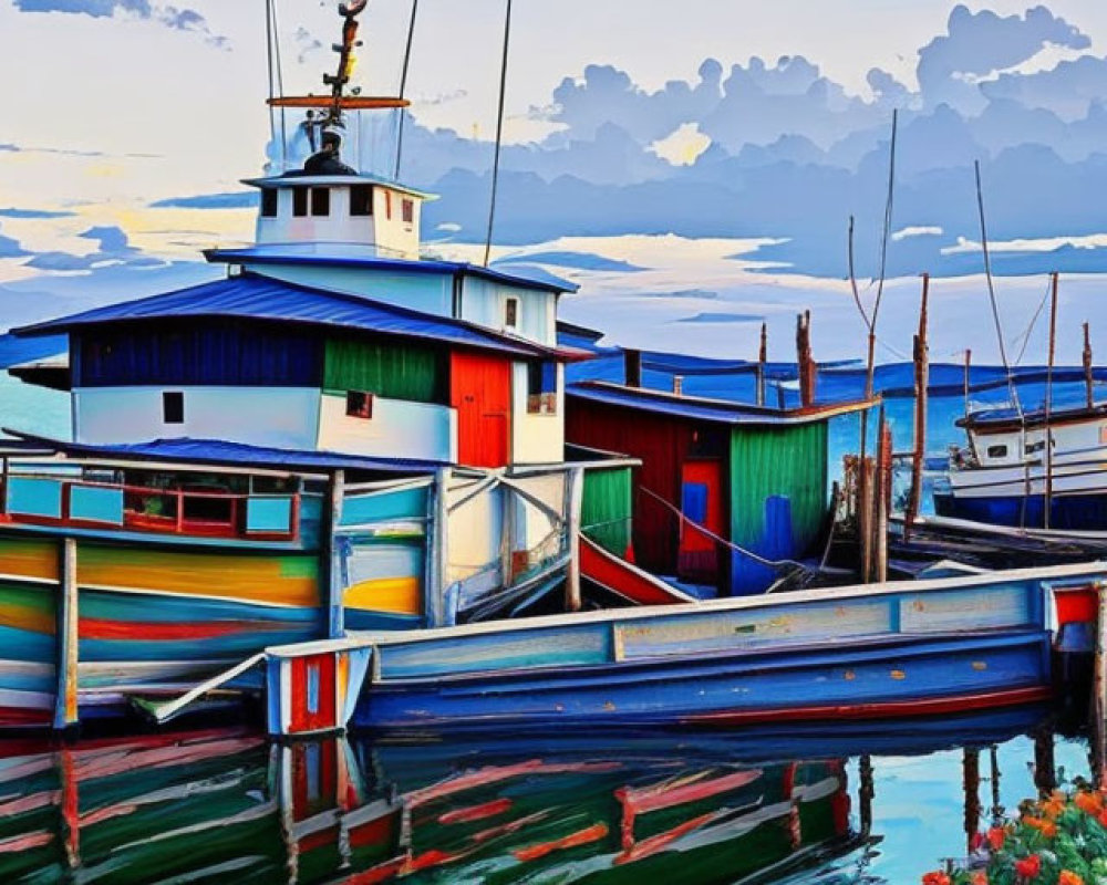 Colorful boats and buildings by a pier under a scenic sky reflected in calm water