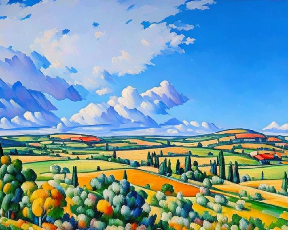 Colorful Landscape Painting: Rolling Hills, Farmhouses, Dynamic Sky