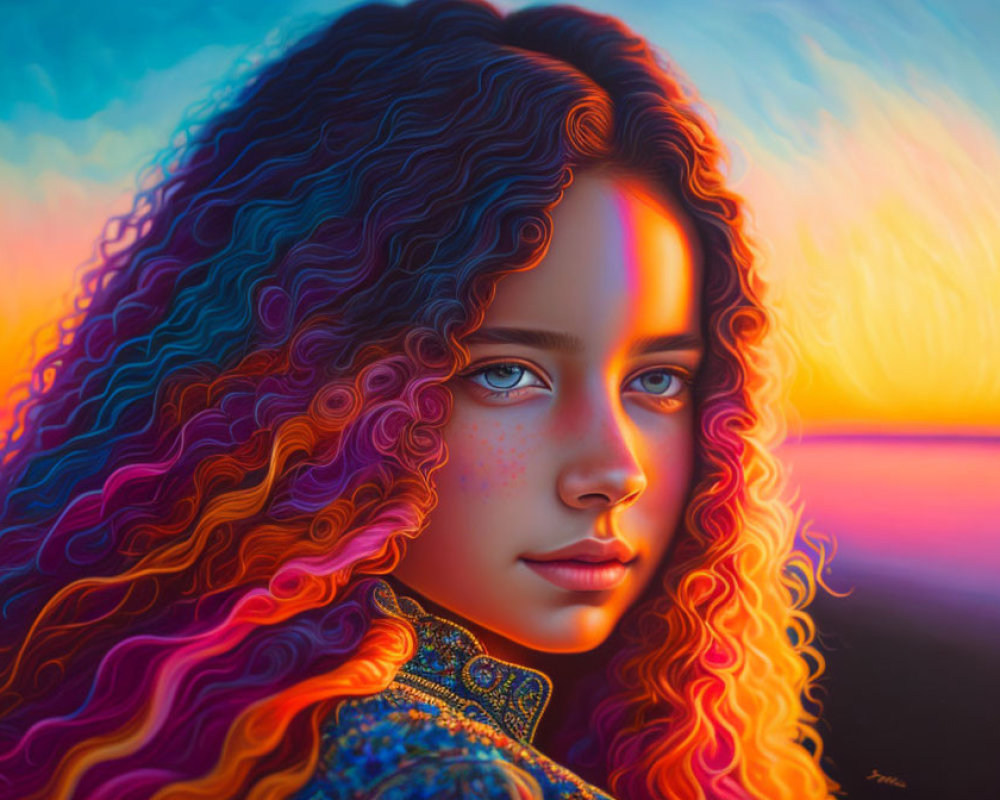 Colorful digital portrait of a girl with curly rainbow hair against vibrant sunset backdrop