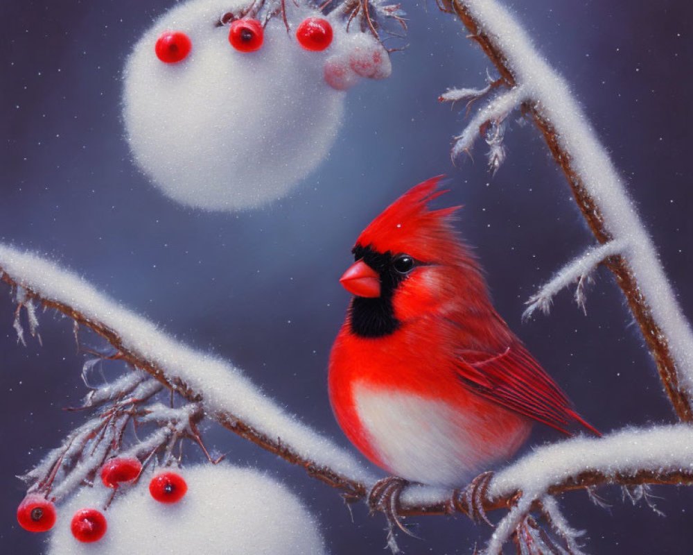 Vivid red cardinal on frosty branch with red berries and snowflakes