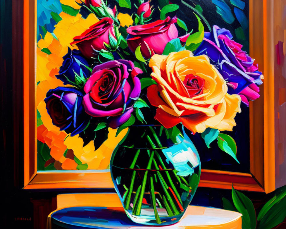 Colorful Roses Painting in Clear Vase on Patterned Background