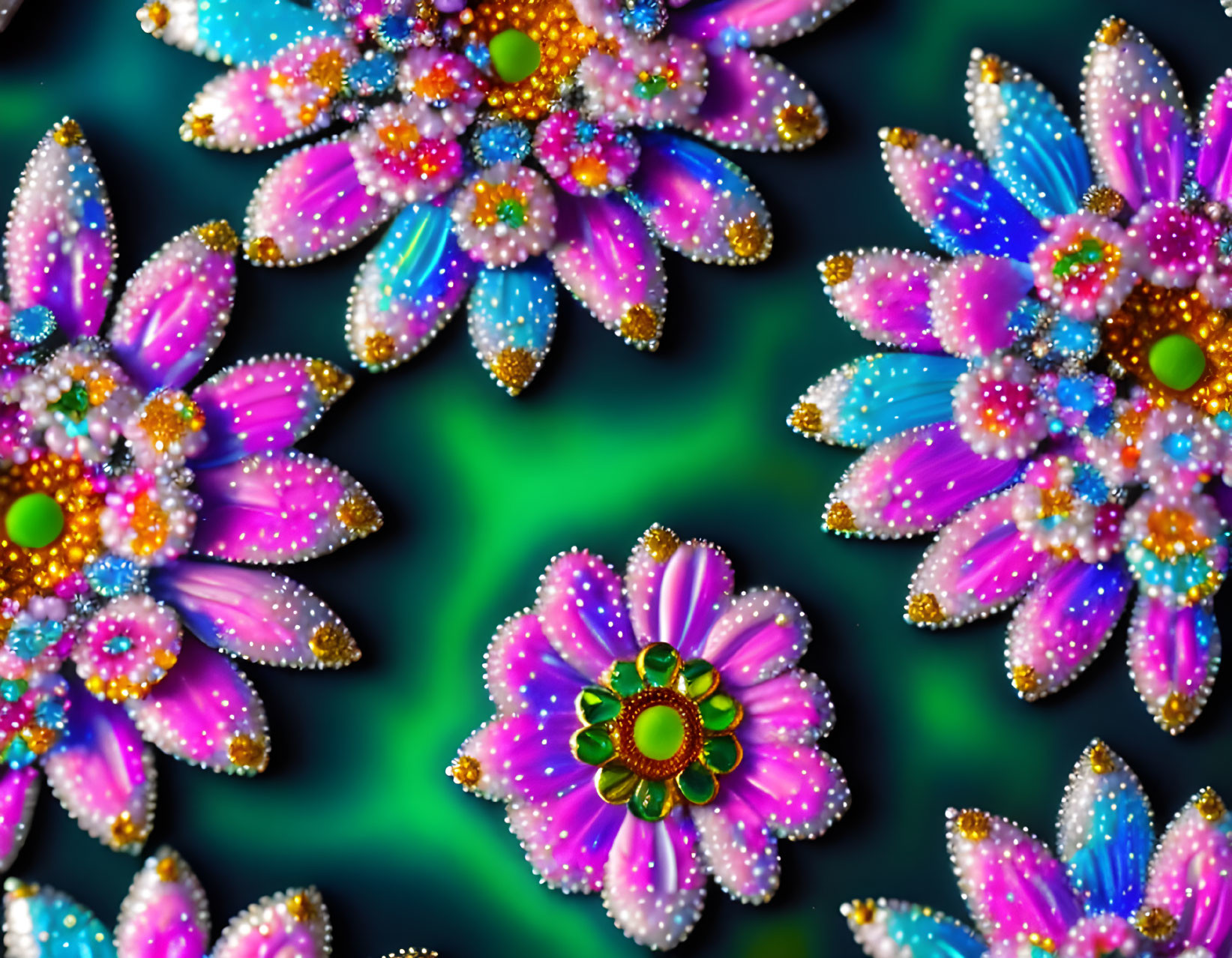 Multicolored Crystal Flowers on Swirling Green Background